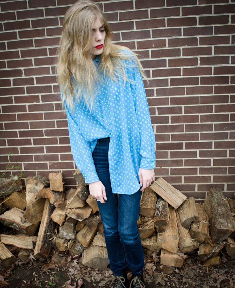 Vintage Blue Green Purple Tail Print Semi Sheer Button Up Oversized Blouse