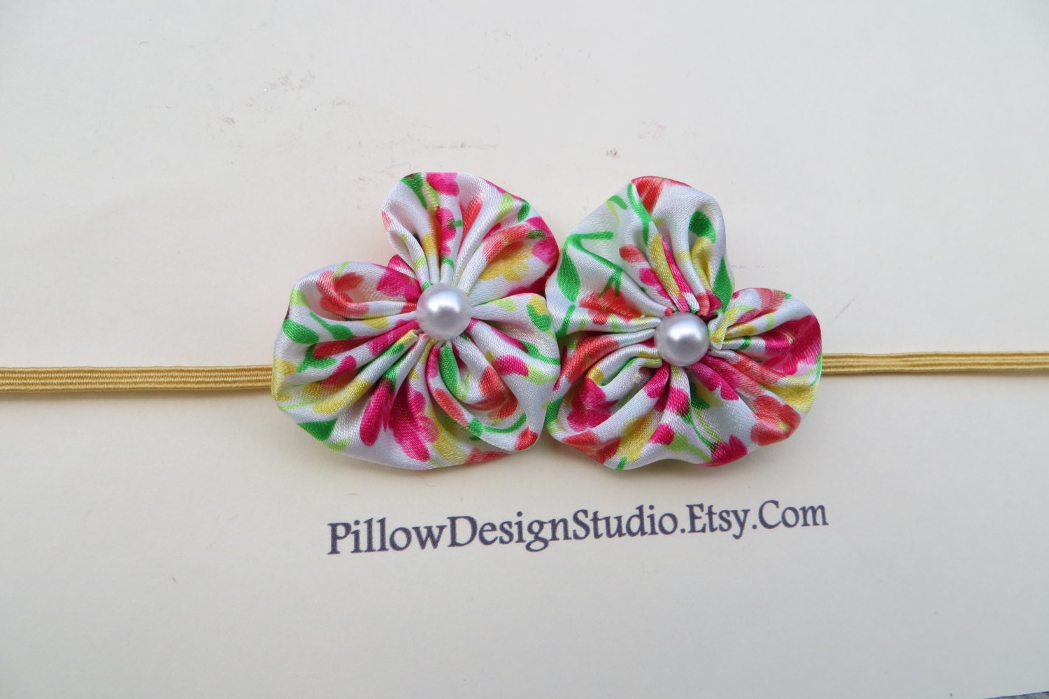 Hearts and flowers baby headband -- spring flowers headband of fabric hearts with pearl centers