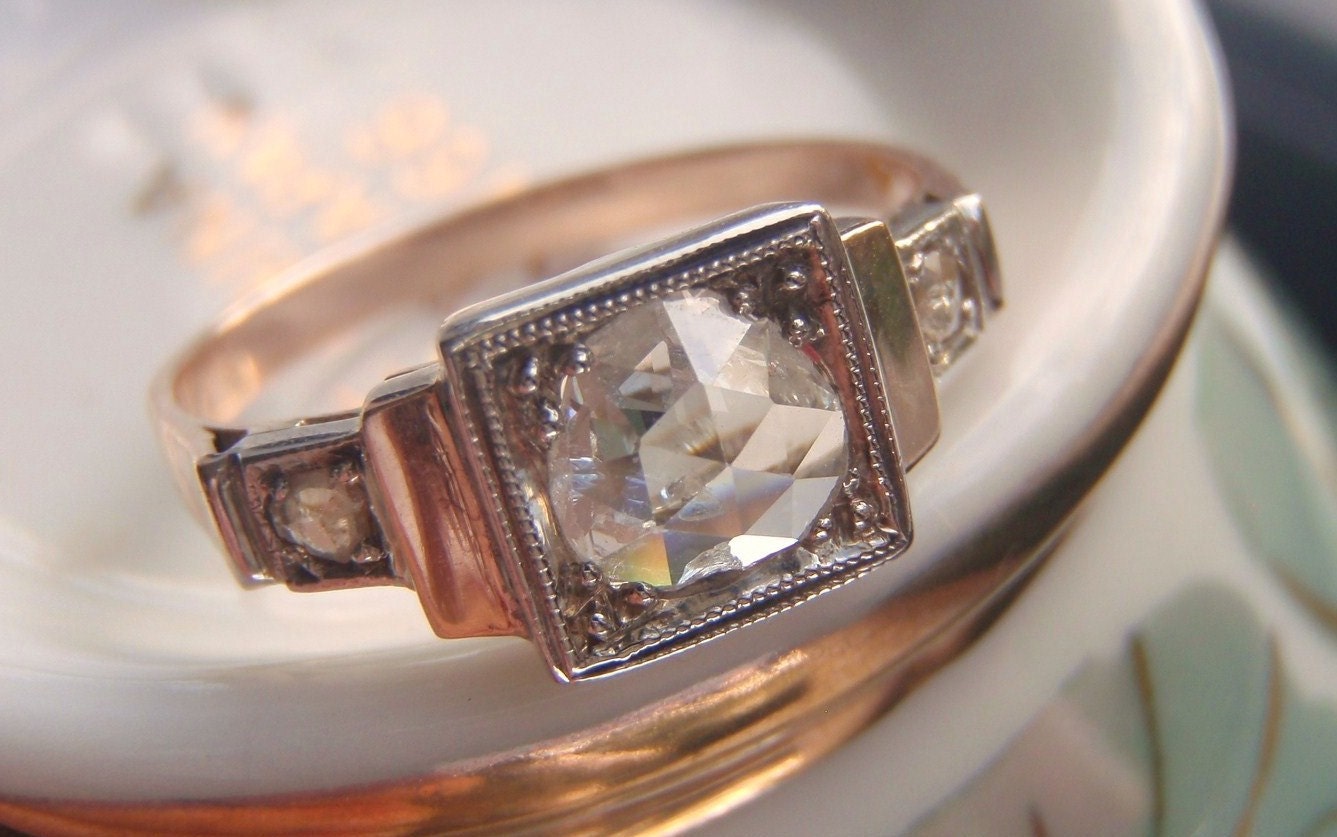 Divine Antique Rose Cut Diamond. Rose and White Gold. Art Deco Great Gatsby Engagement Ring.  Beautiful Subtle Antique Sparkle.