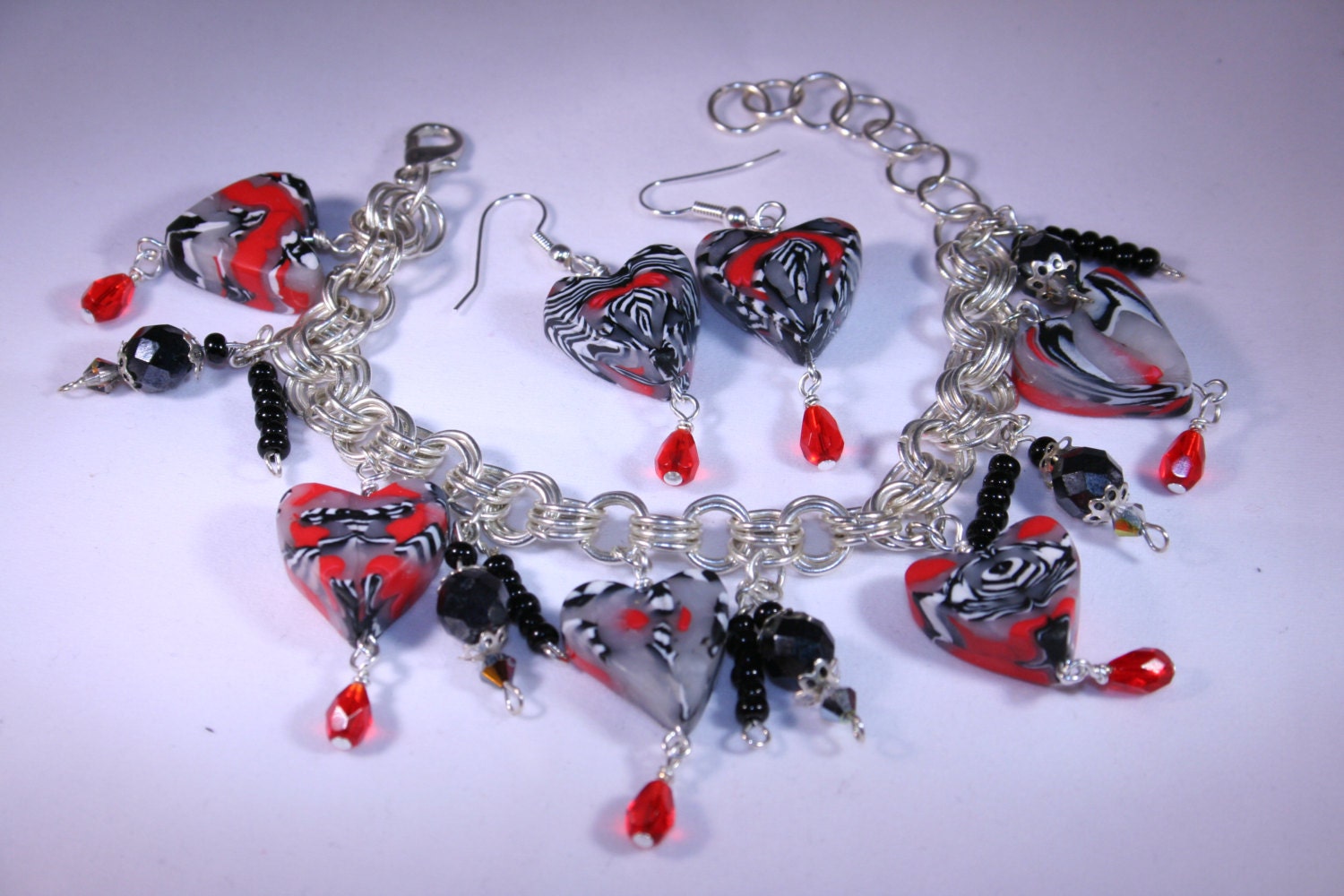 Heart Charm Bracelet and Earrings, Fimo, Polymer Clay