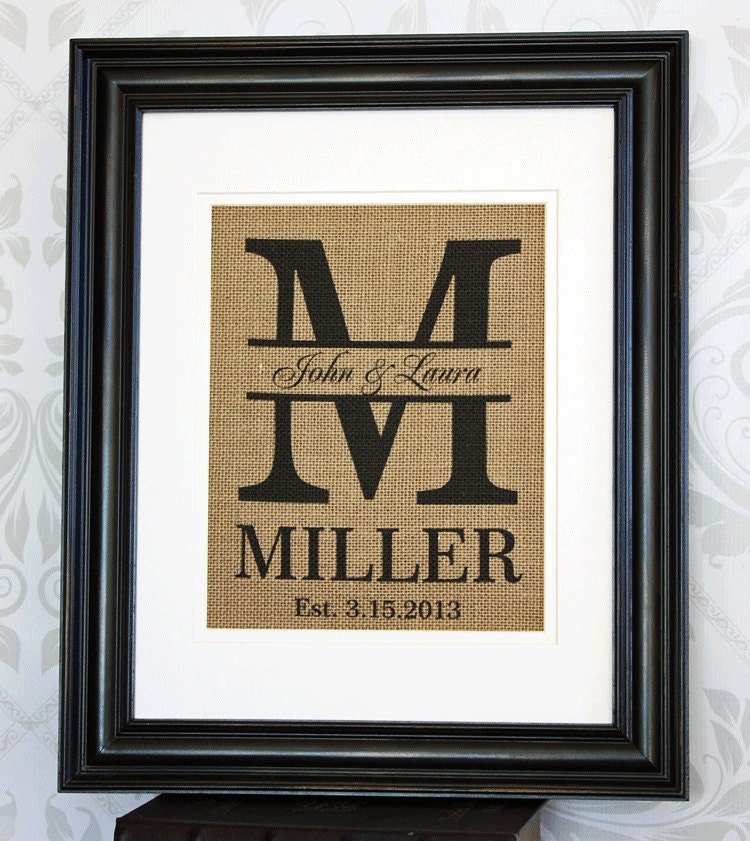 Custom Wedding Gift Personalized Burlap Monogram Print Great for Wedding Showers, Housewarming, and Anniversaries