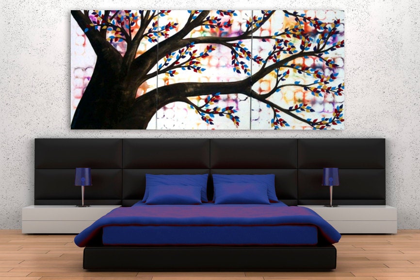 Large Tree Painting - Huge Rainbow Tree Of Life & Light Canvas Wall Art For Bedroom, Abstract Contemporary Acrylic Oak Tree Painting