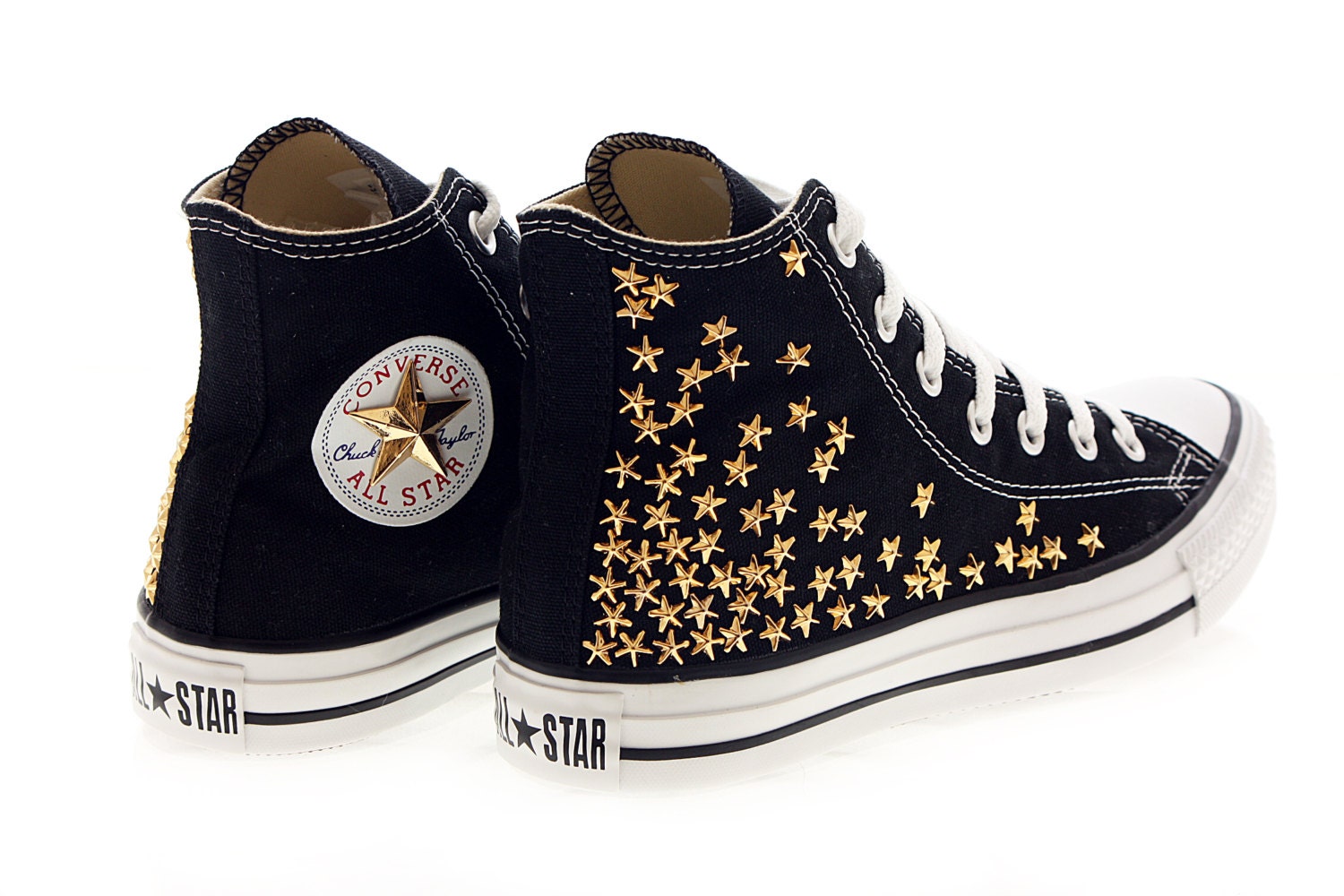 Studded Converse Gold Star Studs with converse Black high top by CUSTOMDUO on ETSY
