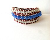 Triple Wrap Beaded Bracelet- Suede with Glass Beads and Blue Cats Eye Beads