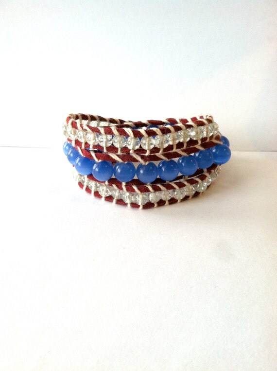 Triple Wrap Beaded Bracelet- Suede with Glass Beads and Blue Cats Eye Beads
