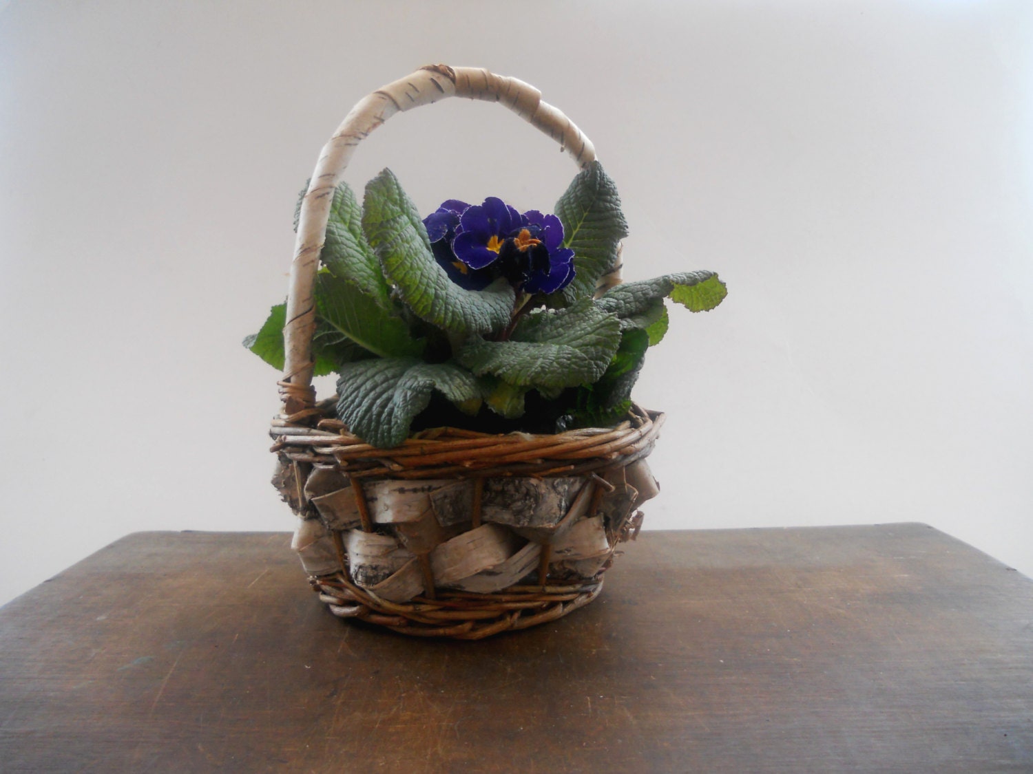 Vintage Swedish Handmade Vintage Birch bark basket with a handle Primitive house garden decor Rustic planter Easter decor
