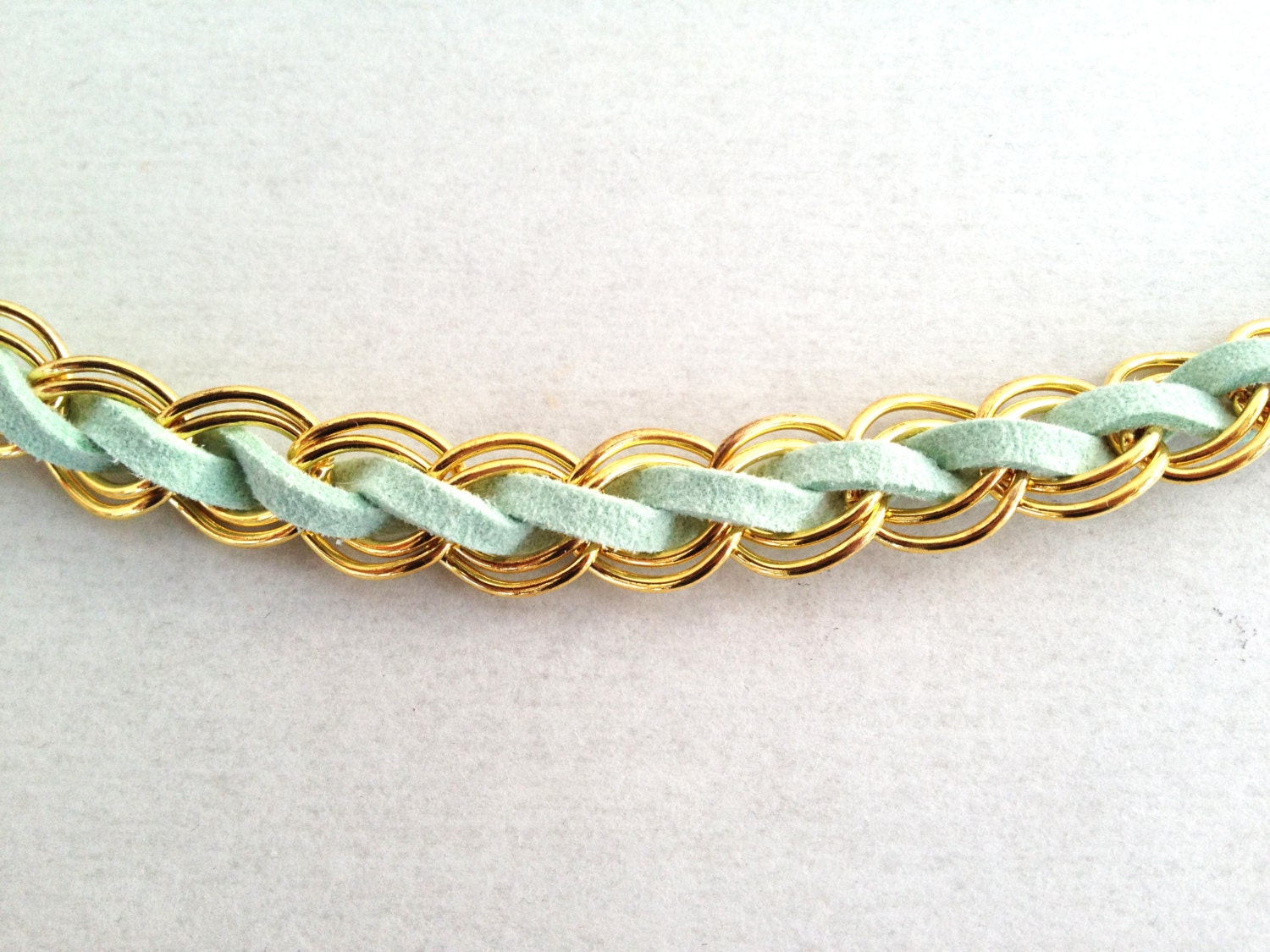 Chain Suede Woven Arm Candy Bracelet - Single Wrap Style in Double Link Gold Chain