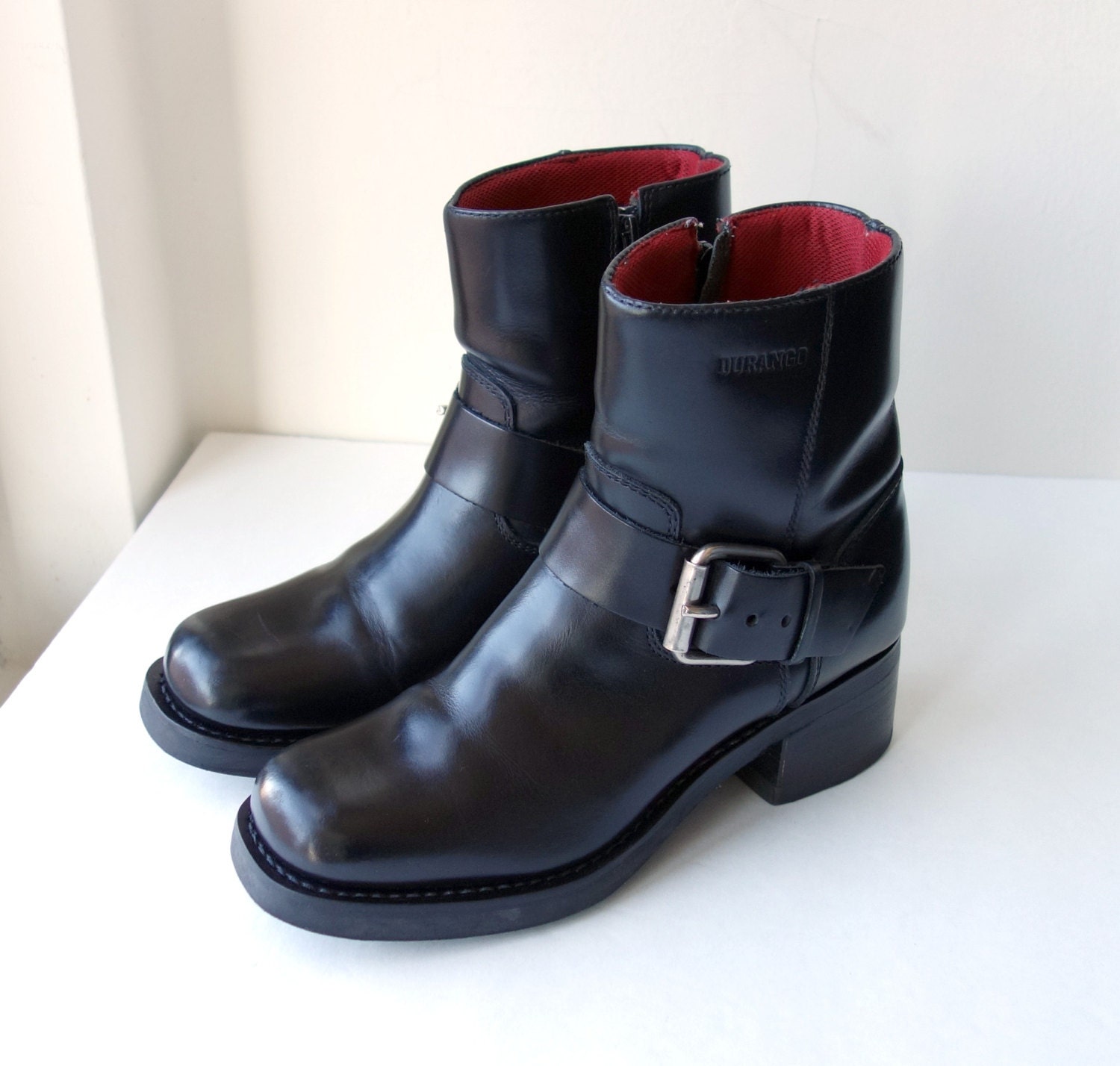 Vintage Womens Durango Black Thick Leather Mid Height Square Toe Zipped Buckle Engineer Boots, Size 7, Motorcycle Biker Riding Booties