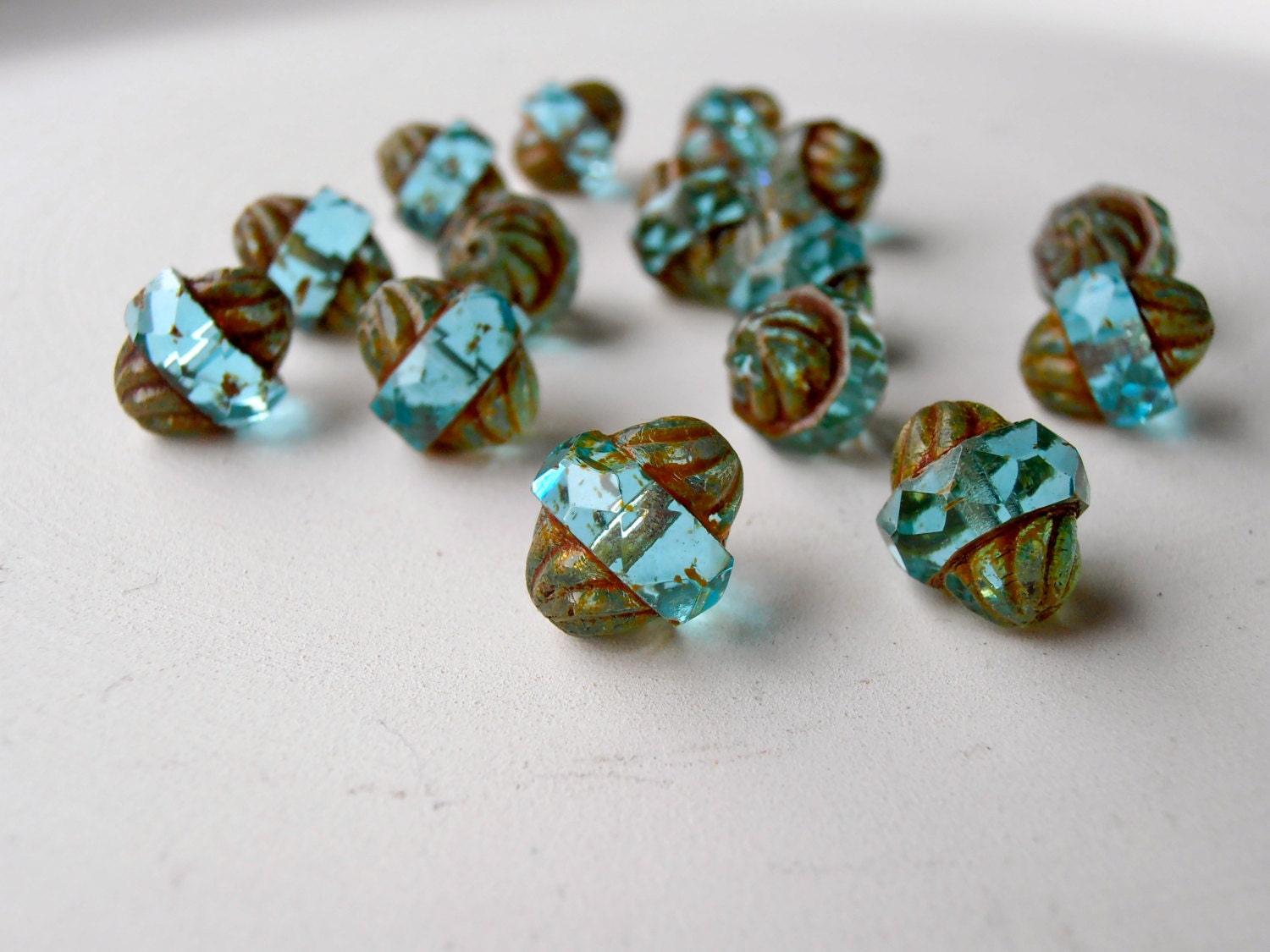 Natascha - liquid aqua with picasso finish 11x10mm turbine cut faceted czech glass beads (6)
