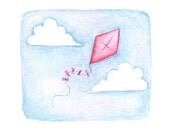 Original Watercolor Painting Kite Blue Sky Clouds Happy Bright Colorful Spring Summer 9x12 Home Decor Art Red Blue Skies Sunny Pink Bows