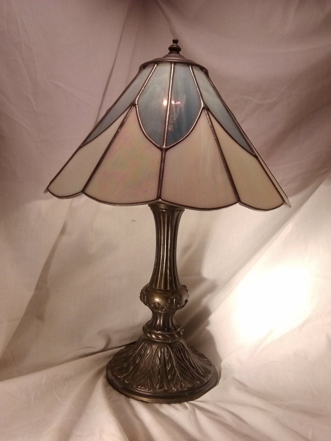 Stained Glass Lamp handmade blue and white bronze metalcast base leaded glass 1980