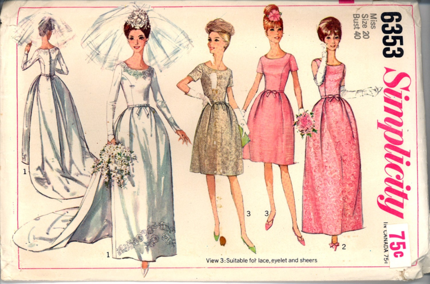 1960s Wedding Gown Detachable Train Simplicity 6353 Bust 40 Pattern Vintage Sewing Bridal Bridesmaid Evening Dress