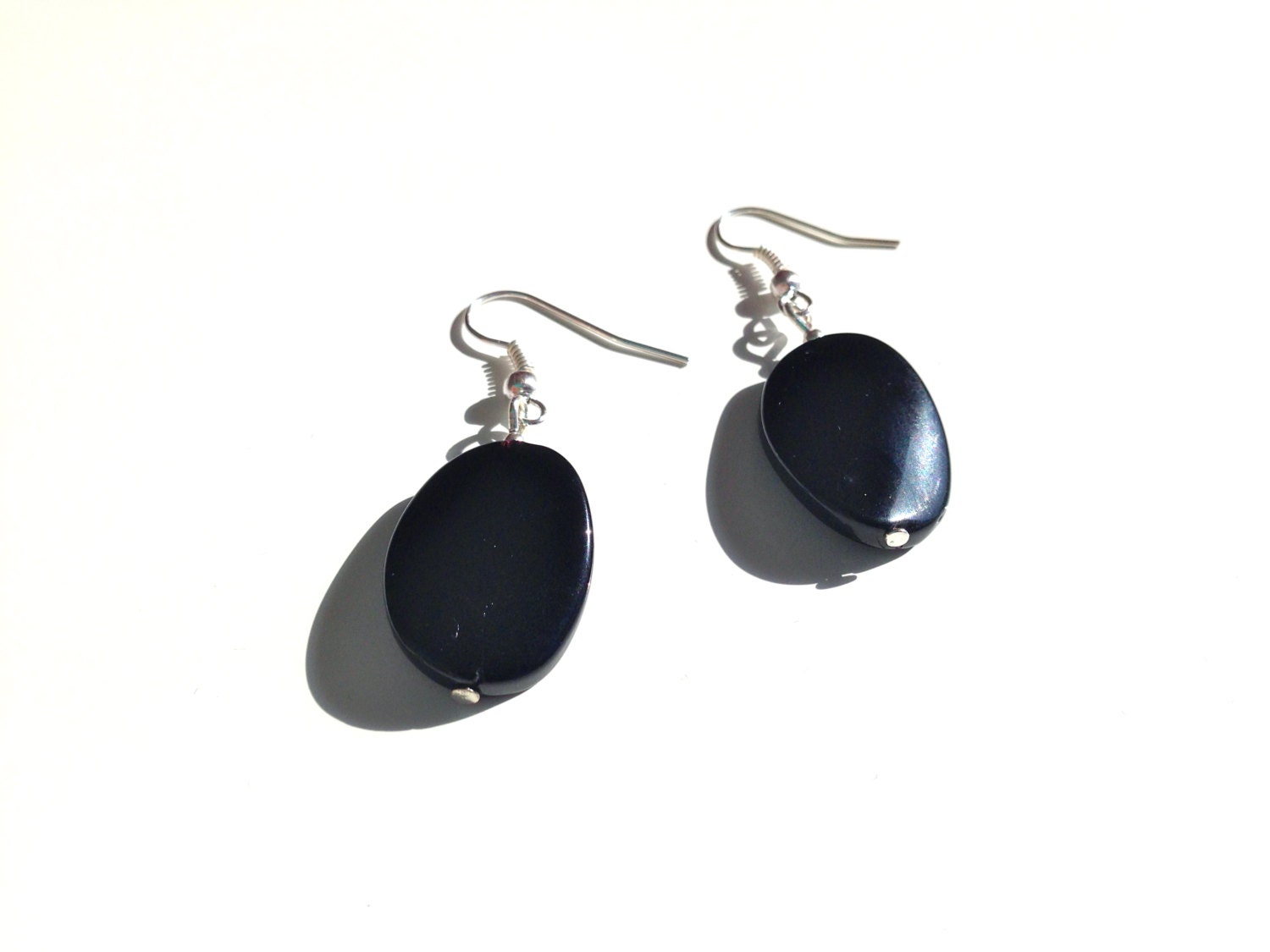 Handmade Dangle Earrings with Black Jet Twisted Oval Beads and Silver Plated Hooks Simple yet Elegant