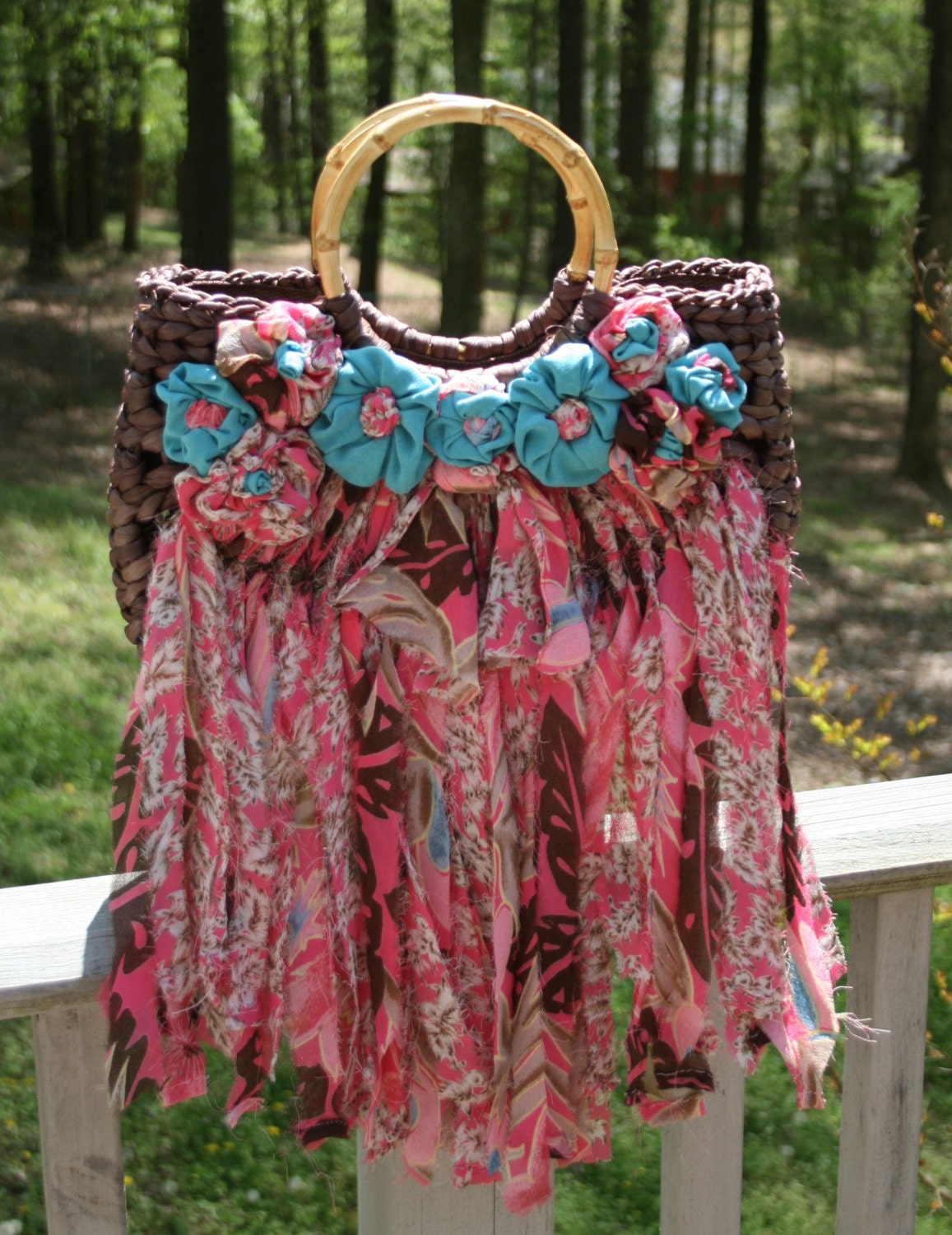 Upcycled Straw Purse Romantic Tropical Floral Hawaiian Print Summer Beach Bag Shabby Chic Fashion Altered Handbag Anthropologie Inspired