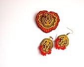Red and yellow soutache brooch and earrings, soutache set, mothers day set,, embroidered brooch, red embroidery set, - RasaVilJewelry