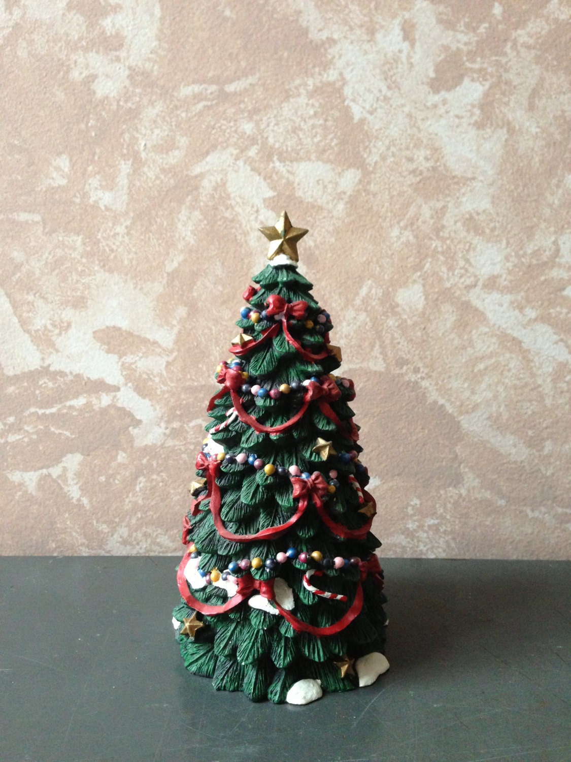 Vintage Snowy Green Christmas Tree Red Ribbon Ball Ornaments Gold Tone Stars - Holiday Decor , Christmas Tree Decoration
