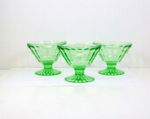 Hocking Glass Ice Cream Dishes Green Depression Block Optic Sherbet Glasses 3 Pieces