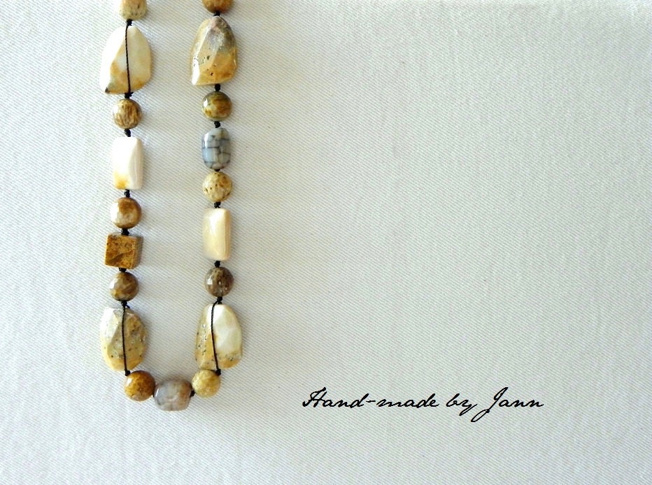 Boho Chic Hand Knotted Natural Stone Long Necklace Handmade Bohemian Summer Jewelry (Petrified Wood/Dragon Vein Agate/Fossilized Coral )