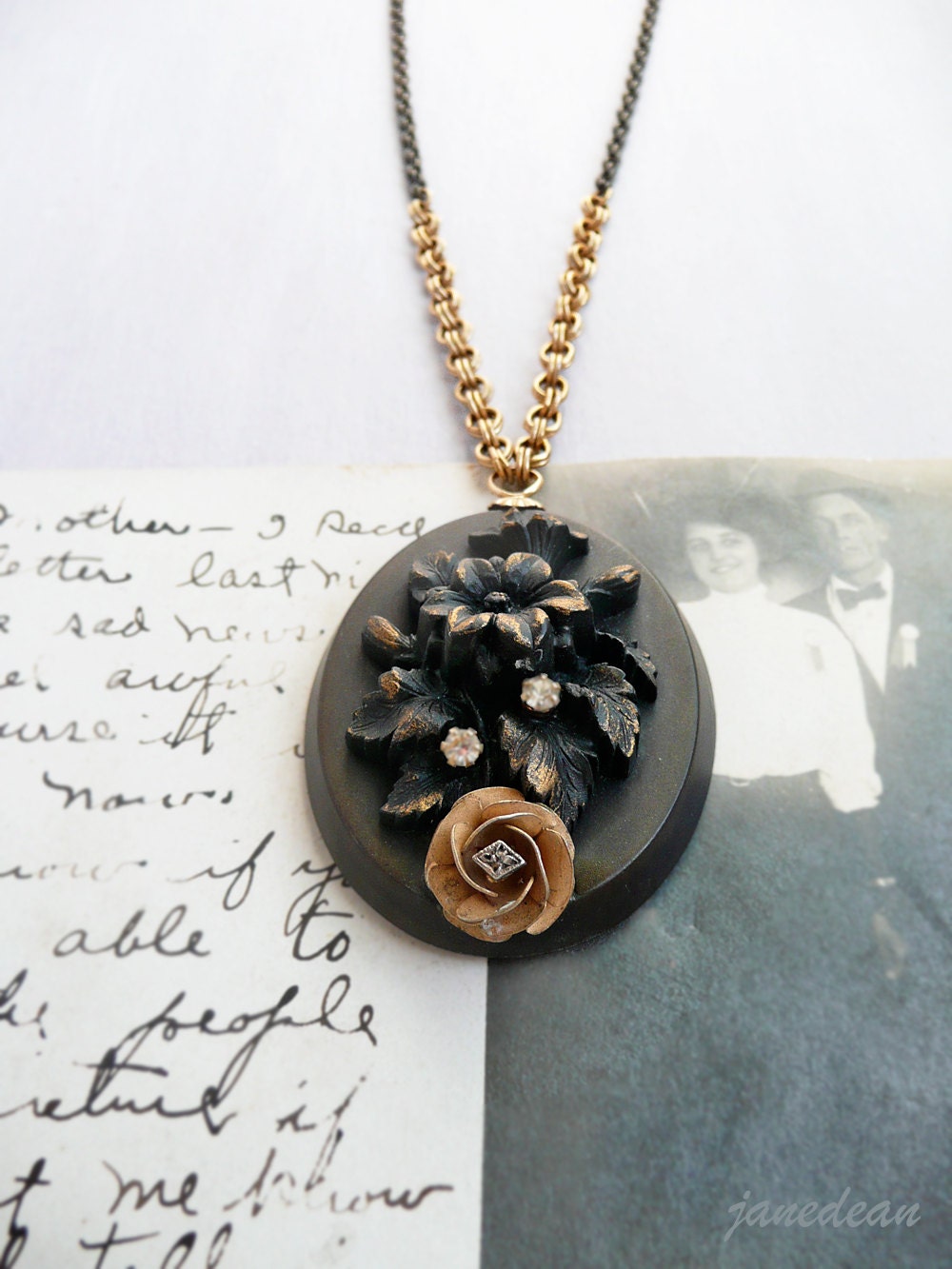 Mourning Flower Necklace - antique vulcanite pendant