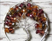Tundra Sapphire Tree of Life Pendant in Sterling Silver Wire Wrapped Tunduru Sapphire Hessonite Garnet Mixed Gemstone