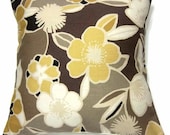 Two Yellow Gold Brown Black Taupe White Floral Pillow Covers Decorative Toss Throw Accent Covers  16 inch pair