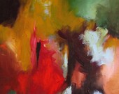 Abstract painting, "Arbour", red, gold ochre, green, dark brown, pale blue, oil on canvas, 20 x 16 inches
