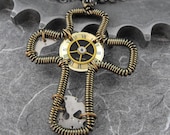 Steampunk Golden Cross Necklace - The Steam Clock Crucifix by COGnitive Creations