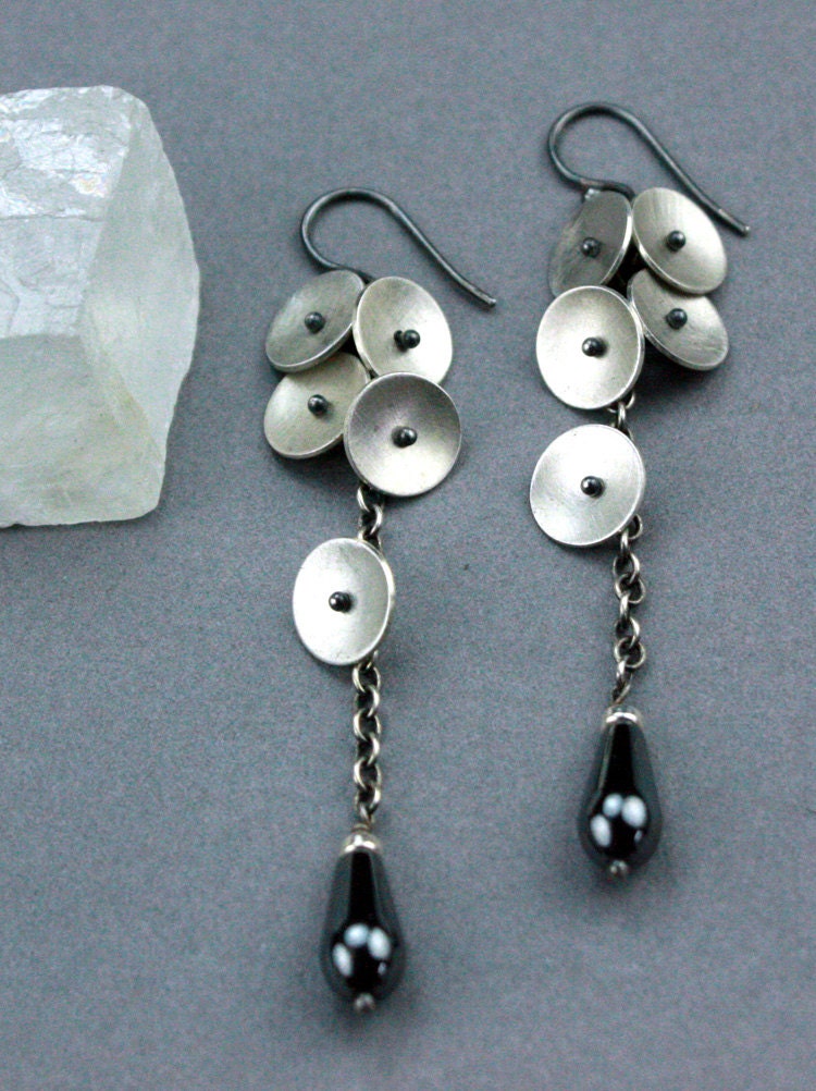 Silver Petal Dangle Earrings, Geometric Flowers
