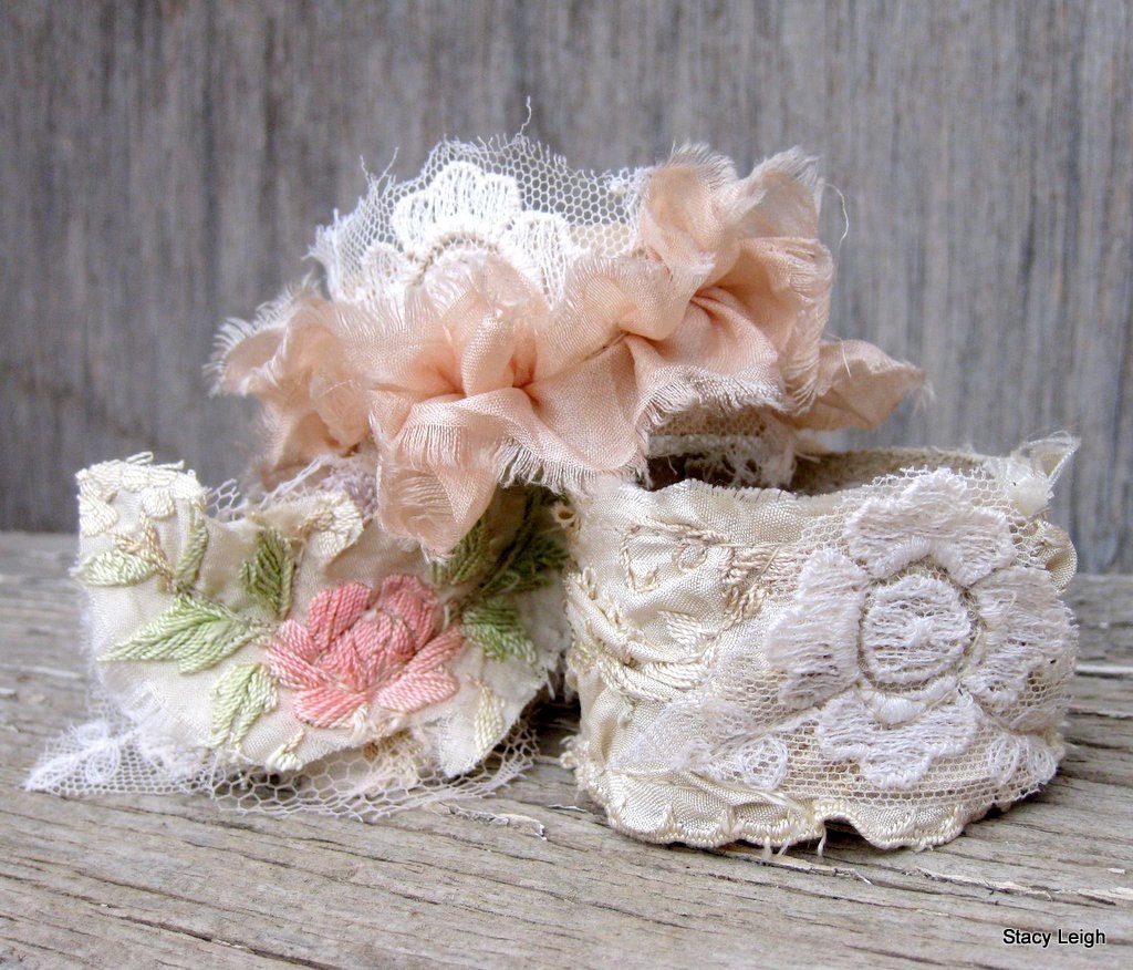 Tattered Embroidered Silk and Beige Leather Romantic Cuff by Stacy Leigh