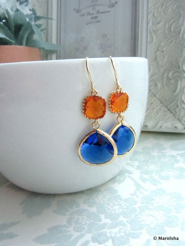 Tangerine Orange, Cobalt Blue Glass Framed Jewel French Hook Earrings. Bridesmaid Gifts. Modern Everyday Jewelry. Blue and Orange Wedding