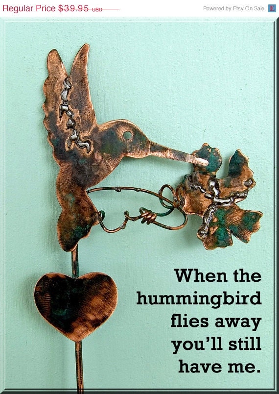 Hummingbird Mini Pot Plant Stake Garden Planter Outdoor-Indoor Spike Ornament Copper Metal Patina Handmade Home Decor