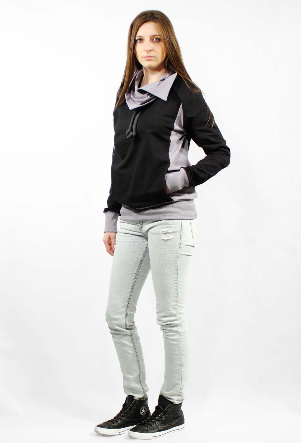 Gray urban sweatshirt, Fitted sweatshirt, Cozy sweatshirt, Summer sweater, Extra long sleeves