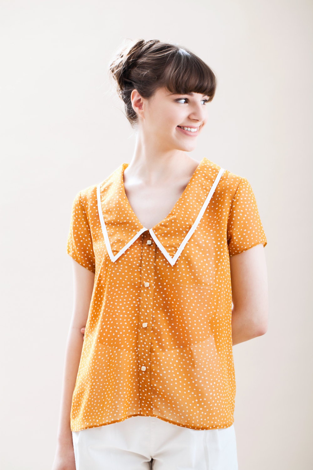 Polka dot blouse, Short sleeve blouse, Womens blouse, Mustard top, Short sleeve shirt, Collar top, Elegat top, Womens top, Free shipping