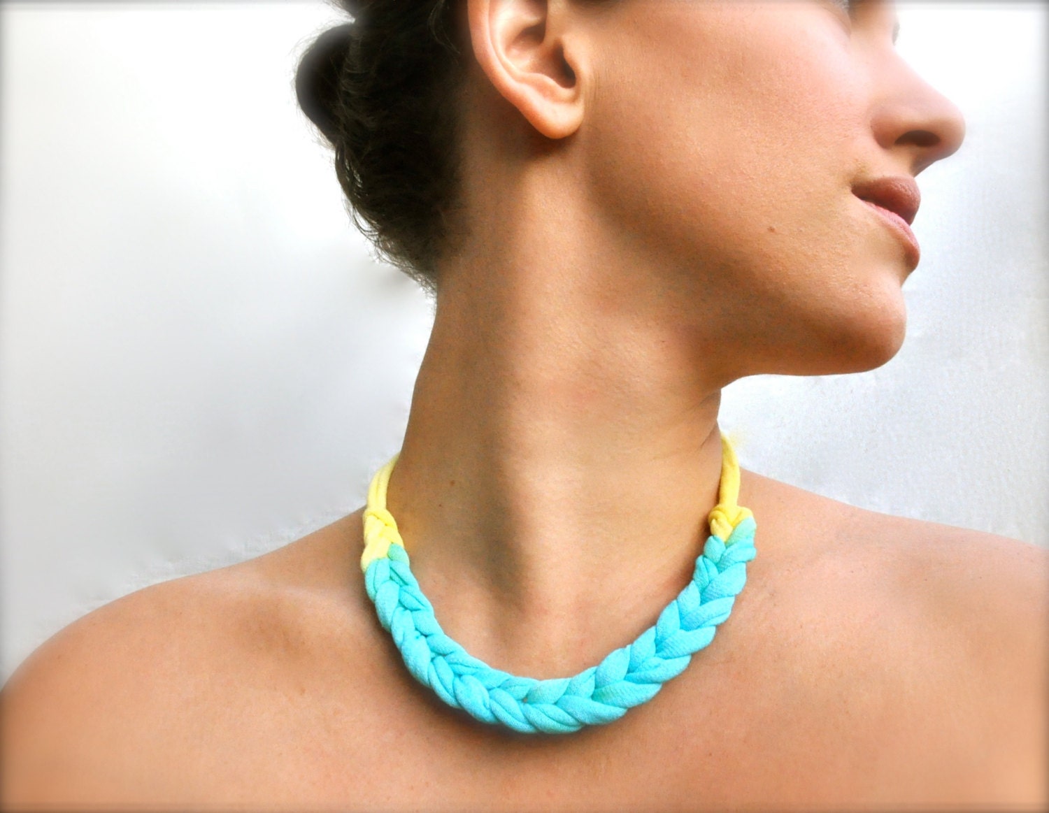 Turquoise Statement Necklace - with Daffodil Yellow - recycled fabric jewelry