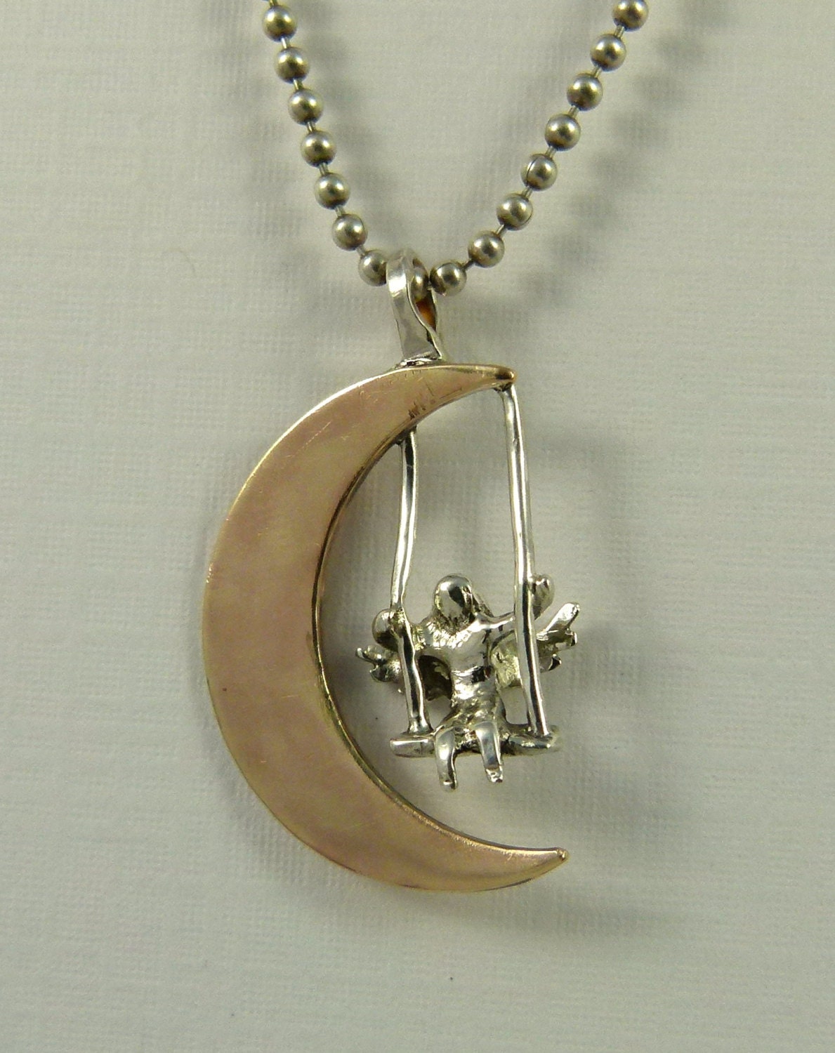 Angel Marissa Swings On The Moon - Up Cycled Sterling Silver, Up Cycled Brass, And PMC - Art Jewelry Pendant - 1138