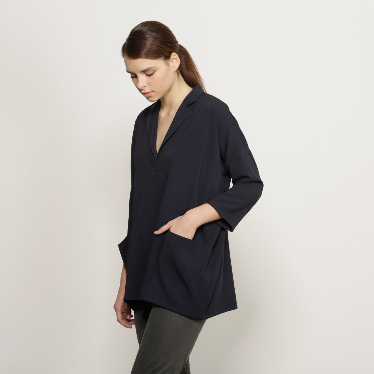 Dark blue oversized women blouse, navy blue shirt 3/4 sleeves