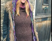 ARtWeAR Hooded Scarf art yarn crochet 'Day Tripper' slouchy pixie point hood hat - Purple pink & green long tassel earflaps - Handmade OOAK