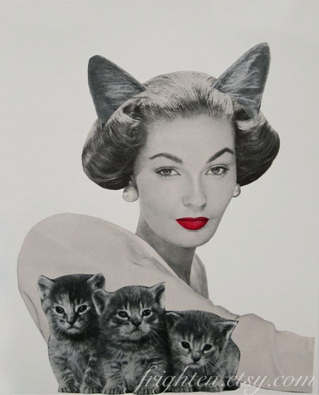 Original Paper Collage, Cat Lady, Black, White and Red Kitten Collage