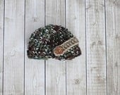 Newborn Baby Camo Newsboy cap with coordinating strap (also available in 1-3mos, 3-6mos, 6-12mos)