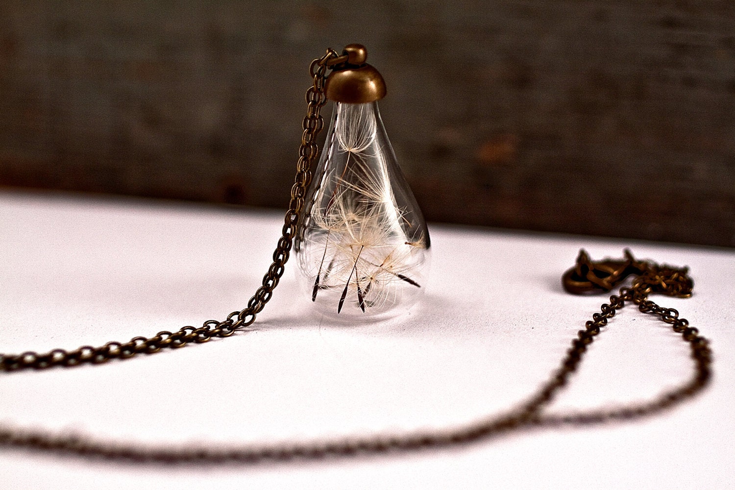 Handblown glass teardrop filled with REAL DANDELION seeds - delicate necklace, gift for her