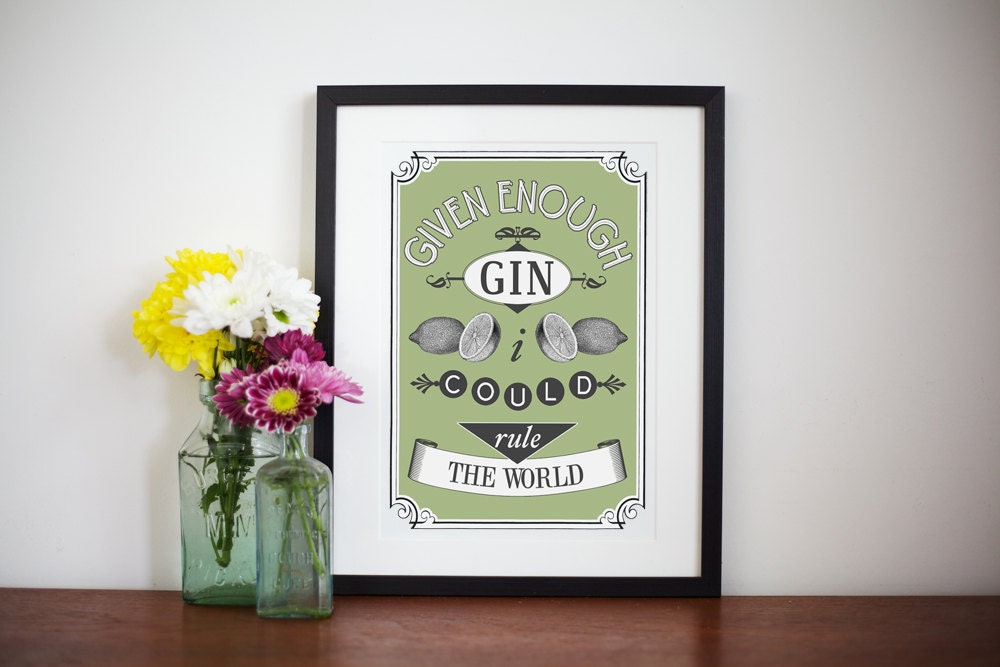 Gin Poster, Kitchen Art, Gin Print, Kitchen Print / Poster, Vintage Kitchen Art, Quote, Green, Food Art , Gift for Mom, Art Print, Foodie