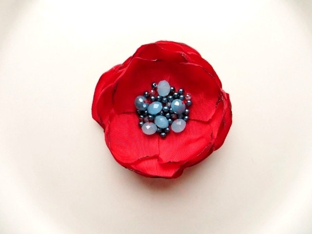 Red Fabric Flower Brooch Pin, Red and Blue, Red Summer Broach, iridescent Bead, Cool Blue, Fabric Jewelry
