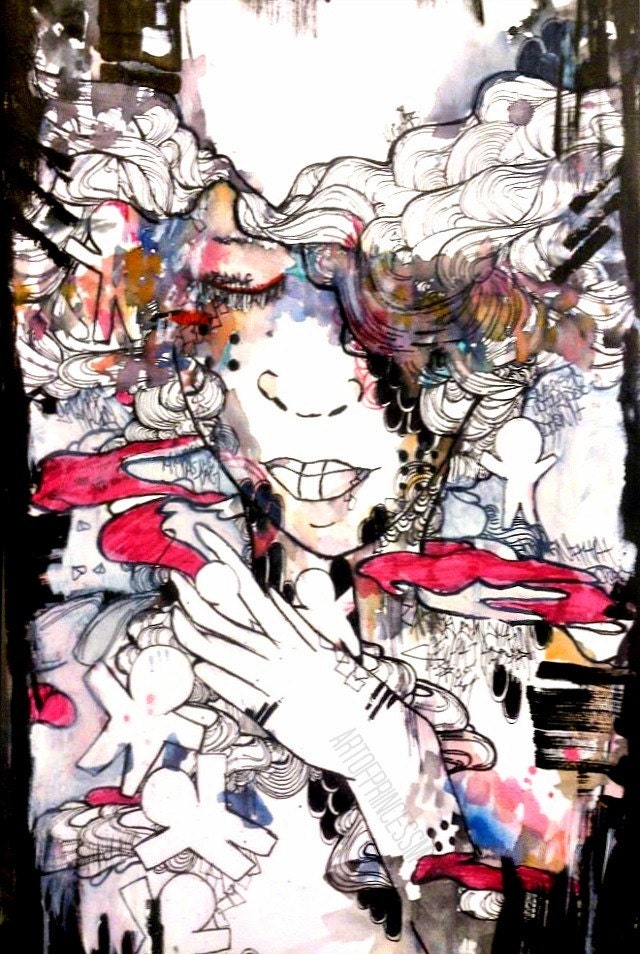 17x9.5 inch Mix media abstract art original art illustration. Watercolor art, acrylic art work on paper. Abstract portrait art