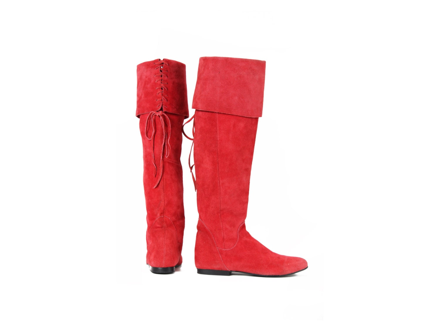 Red Suede Leather Tall Fold Over Knee Lace Up Boot Vintage size 6