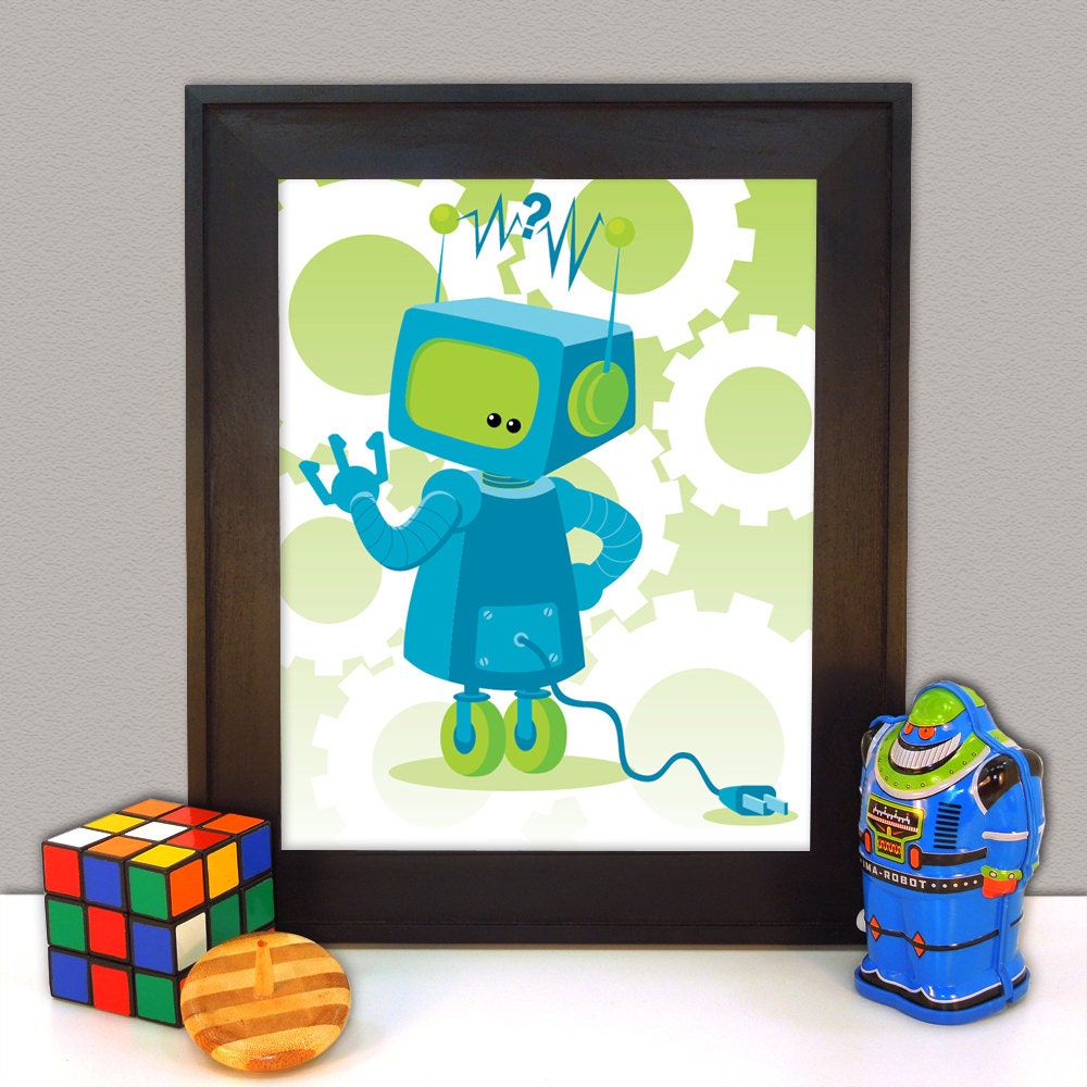 Robot Print, Kids Room Wall Art, 8x10, Retro Robot, Giclee Print