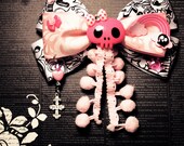 Baby Pink, Black and White Hair Bow w/ Damask and Music Printed Ribbon and Silver Cross Charm - Pastel Goth, Gothic Lolita, Spooky Kawaii