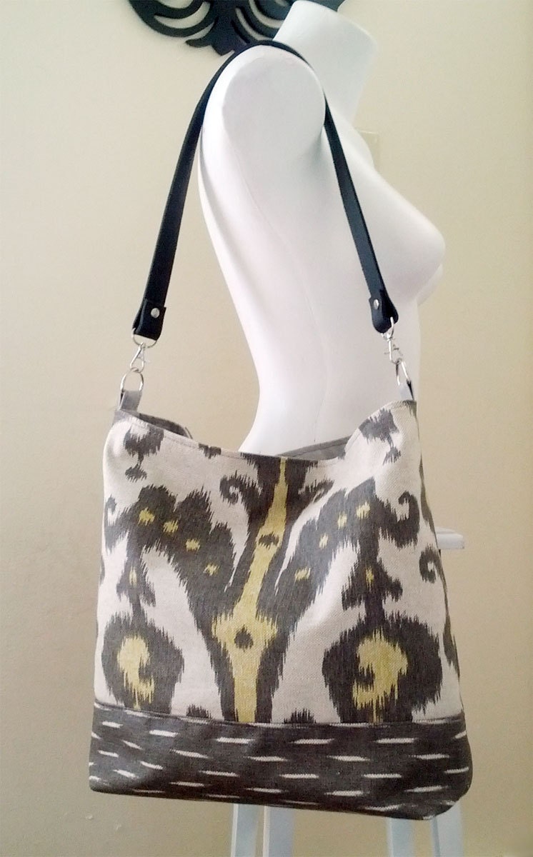 Grey & Yellow Ikat Large Shoulder Tote Bag w Leather Strap
