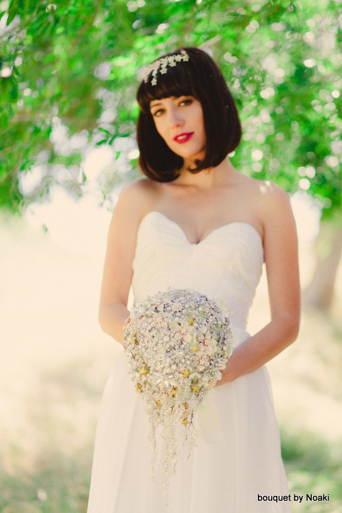 Starry night  brooch bouquet -- deposit on a made-to-order cascading bridal brooch bouquet