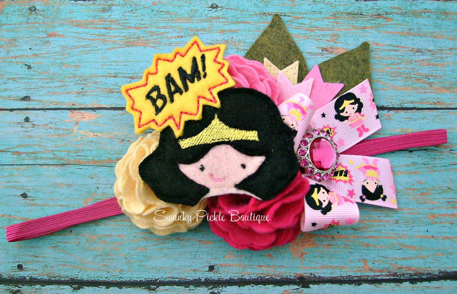 Wonder Girl Wool Felt Flower Headband - Yellow, Fuchsia & Shocking Pink - Baby -Toddler - Photo Prop