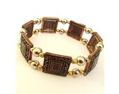 Flat Brown Metal Bead Stretch Bracelet With Light Bronze and Silver Plated  Beads - Upcycle Jewellery
